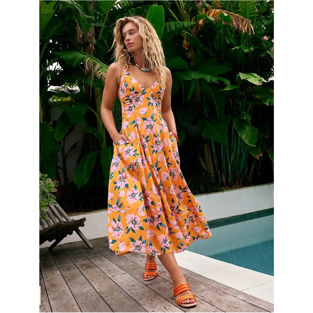 Free People Finer Things Printed Halter Midi Dress Sunshine Combo Tropical Small - Picture 3 of 16